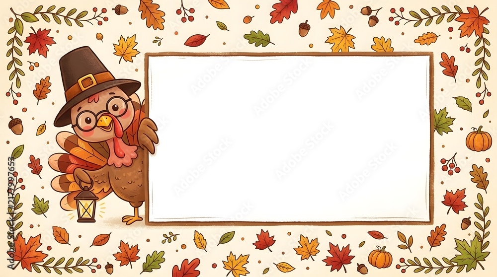 Fototapeta premium Cute cartoon turkey wearing a pilgrim hat and glasses holding a lantern next to a blank sign frame surrounded by autumn leaves and pumpkins