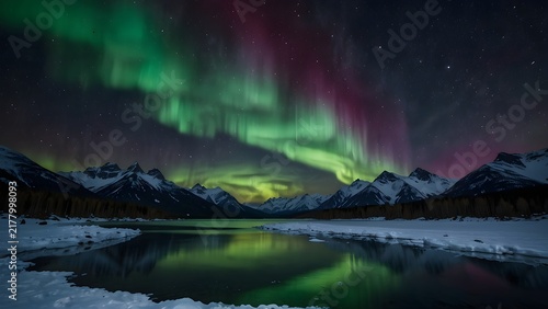 Vibrant aurora borealis dancing over snowy mountain peaks and a frozen lake at night