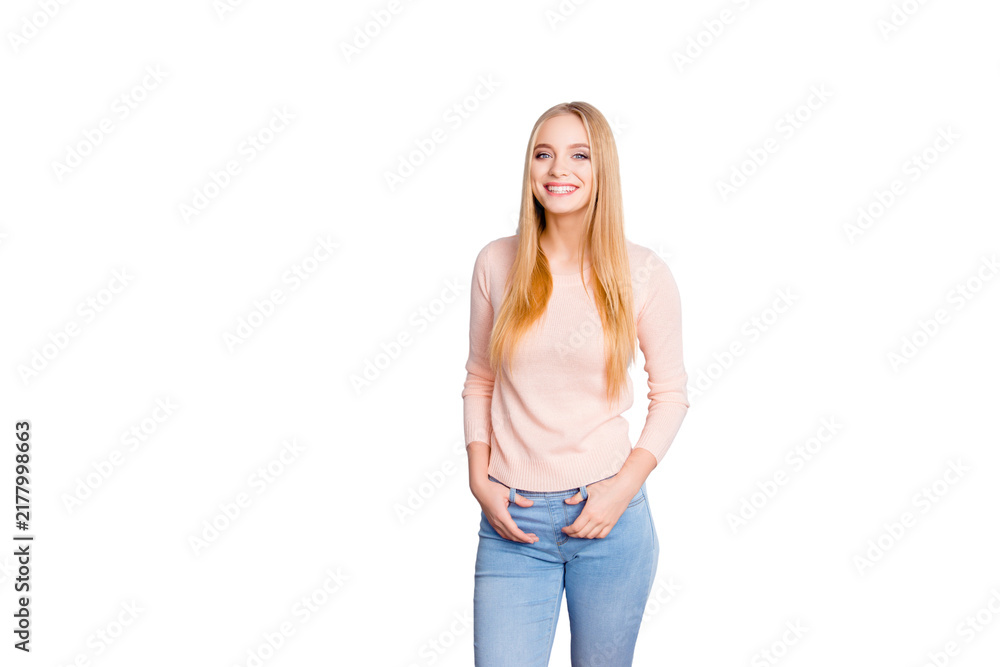 Obraz premium People lifestyle leisure joy fun enjoy person concept. Portrait of pretty careless beautiful cute sweet employee wearing casual outfit clothes isolated on gray background copyspace