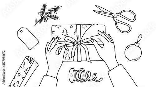 Hands wrapping christmas gift box with seasonal accessories line art