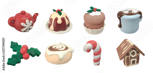 3D Christmas Food vector Icon Set with Mug with Chocolate Marshmallow, Gingerbread House, Candy Cane