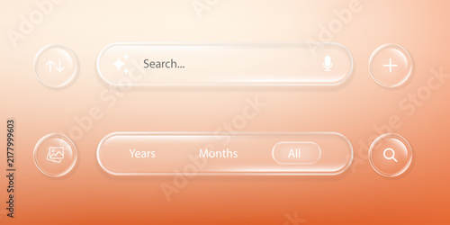 Glassmorphism Search Bar and Filter Navigation Vector Elements Set on Warm Peach Gradient Background