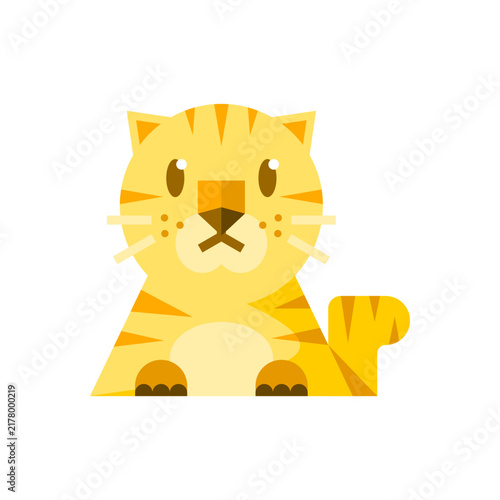 Yellow cute tiger sitting cartoon icon flat vector design