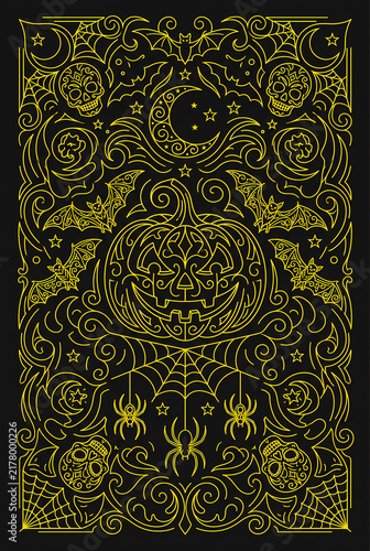 Detailed symmetrical filigree halloween design featuring jack-o'-lantern skulls and bats on black background