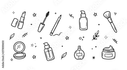 Hand drawn makeup and beauty product icons set for cosmetic design