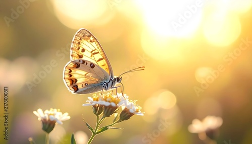 Mariposa naranja posada sobre pequeñas flores blancas con fondo dorado desenfocado y luz cálida