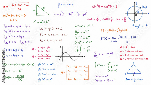 Handwritten mathematical formulas and geometry equations on a white background