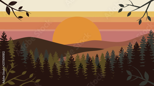 Retro Autumn Woodland Landscape Featuring A Golden Sunset Over Pine Tree Silhouettes And Rolling Hills In A Stylized Minimalist Art Graphic Design