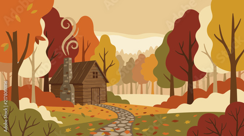 Cozy wooden cabin in an autumn meadow transitioning into a colorful fall forest