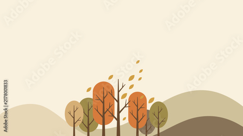 Minimalist autumn forest vector landscape background with bare trees and falling leaves against muted hills