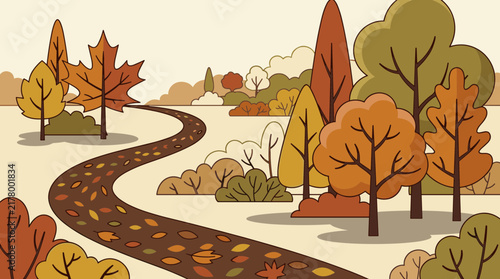 Scenic autumn forest landscape vector illustration with a winding path surrounded by colorful fall trees and bushes in warm seasonal tones