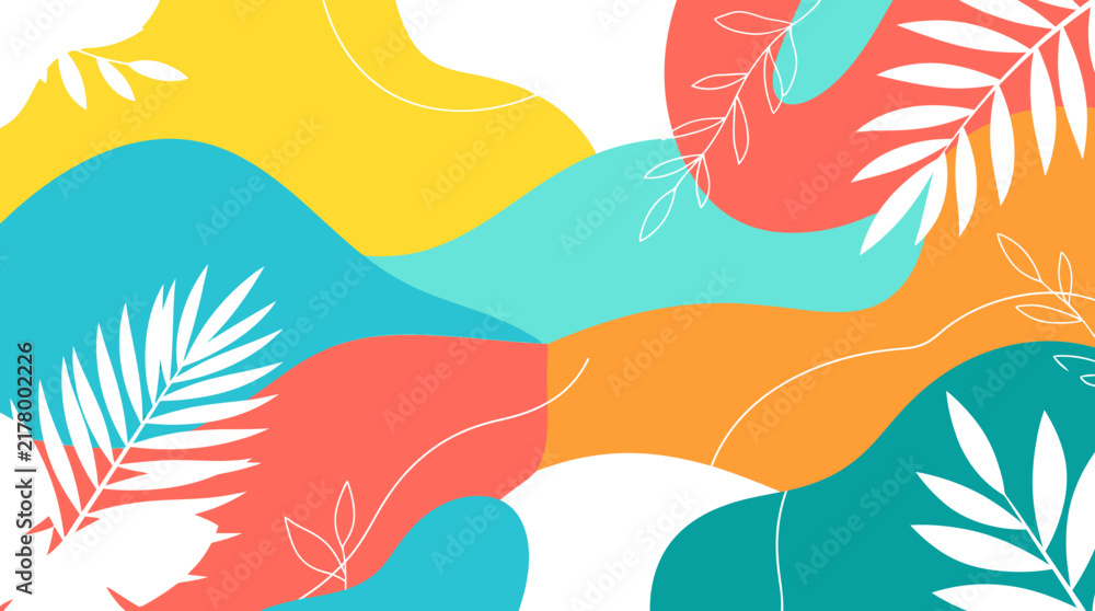 Fototapeta premium Vibrant Abstract Background Featuring Colorful Organic Liquid Shapes and Elegant White Tropical Botanical Leaves for Modern Decorative Design