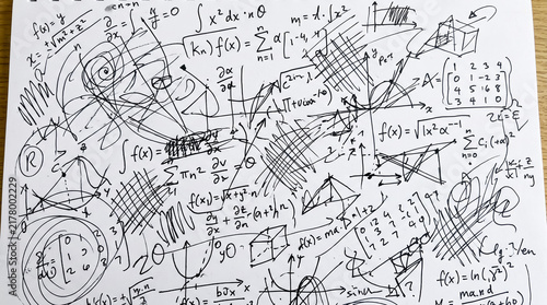 Complex mathematical formulas and geometric sketches handwritten on white paper background.