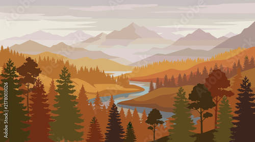Serene autumn landscape with pine trees, a winding river, and distant mountains in a flat vector style