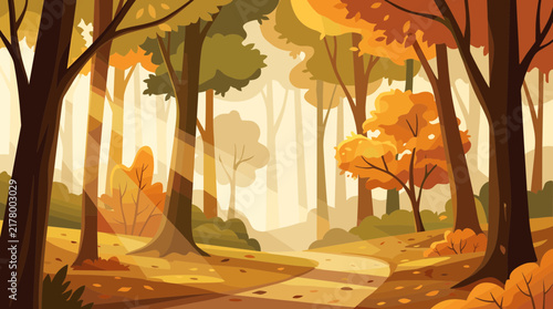 Stunning vector illustration of an autumn forest landscape with a path winding through trees and warm sunbeams