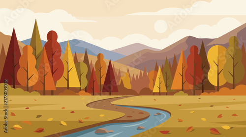 Enchanting autumn landscape illustration depicting a winding river through a vibrant forest with colorful fall foliage and majestic mountains under a peaceful sky