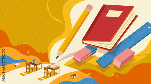 Autumn Season Back to School Concept with Flowing Landscape Education Supplies Book and Pencil Illustration