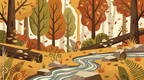 Enchanting autumn forest landscape featuring a winding stream and colorful fall foliage in a cozy whimsical vector style illustration