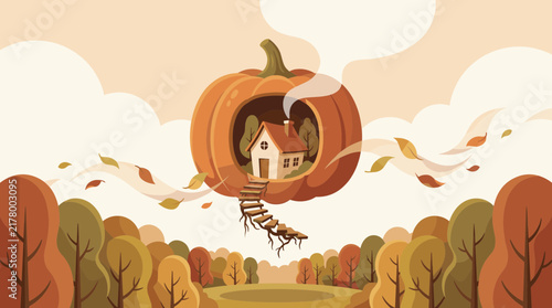 Whimsical Fantasy Miniature House Inside a Giant Pumpkin in a Golden Autumn Forest Vector Illustration