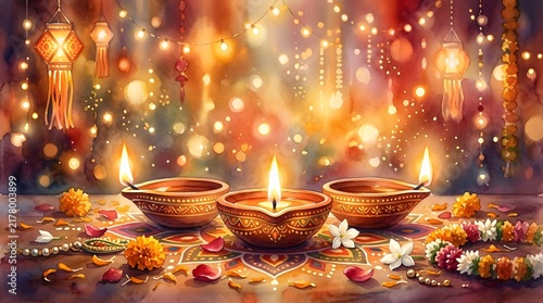 Three glowing earthen lamps decorated with flowers on colorful rangoli background.