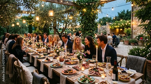 Large group of friends enjoying long dinner party table in scenic garden at dusk.