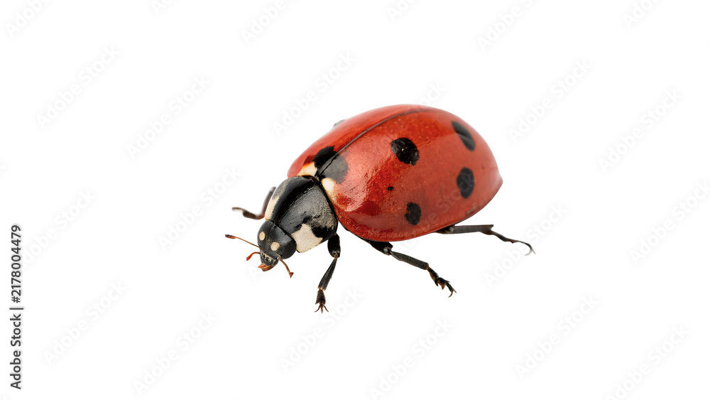 Fototapeta premium Little red ladybug insect with black spots macro isolated on transparent background