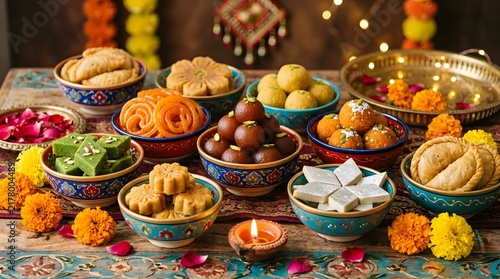 Assorted indian sweets and desserts arranged in colorful bowls for festive season.