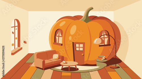 Cozy Autumn Room Interior with Gigantic Pumpkin House and Warm Furniture Vector Illustration