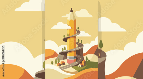 Conceptual flat illustration of a winding road spiraling up a giant pencil representing creative journey and education success
