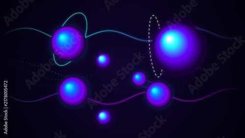 Abstract futuristic background with purple fluid spheres floating on wavy neon lines creating digital landscape for creative technology and science design projects.