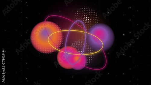 Abstract futuristic neon shapes rotating on starry background with glowing yellow pink and purple orbits and vibrant textured spheres in slow motion loop.