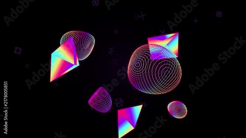 Abstract geometric shapes with rainbow gradient slowly float in dark space with abstract patterns.
