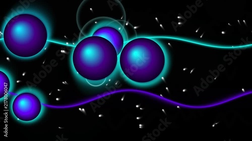 Abstract motion graphic featuring glowing purple spheres floating through dark space with wavy light trails and small particle elements for modern digital content.