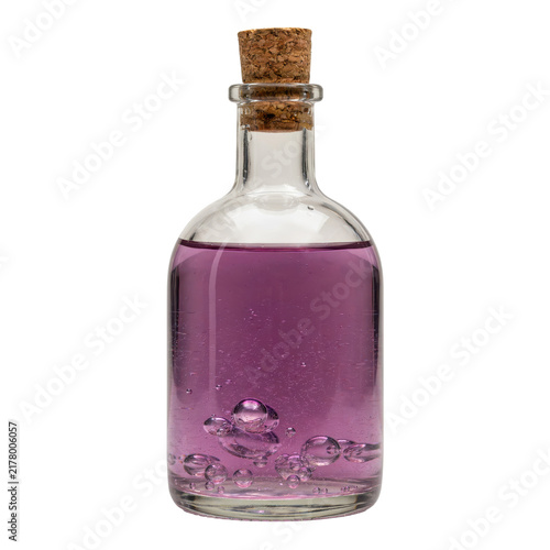 Small clear glass bottle filled with purple liquid and cork stopper isolated on a transparent background