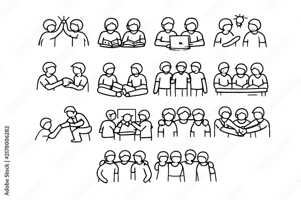 Fototapeta premium Student Teamwork Icons. Student friendship and teamwork. Line outline icon set of Student friendship and