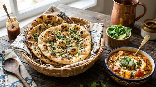 Indian naan bread with curry and cilantro, a classic indian meal on wooden table.