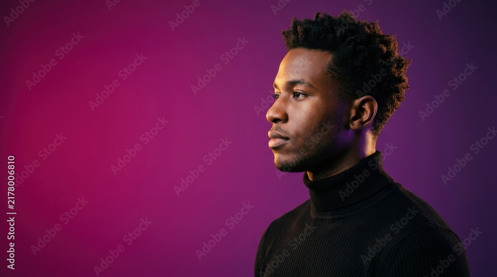 Obraz premium Confident young African American man wearing black turtleneck looking away with thoughtful expression against vibrant magenta and purple studio