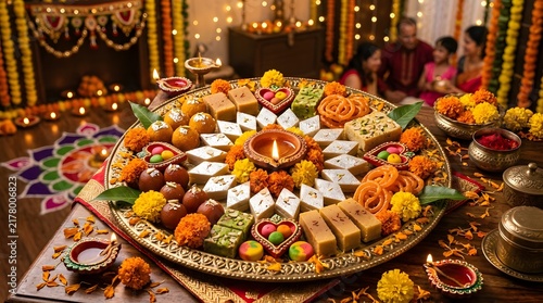 Traditional indian sweets assortment beautifully arranged on golden tray for diwali celebration.