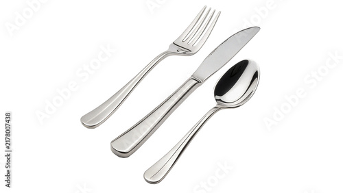 Photography Shiny silver metallic fork knife and spoon cutlery set isolated on black backgro