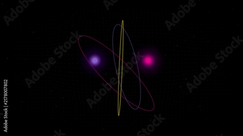 Quantum particle orbit animation showing glowing pink and purple spheres rotating around central colorful digital energy rings on dark space grid background.