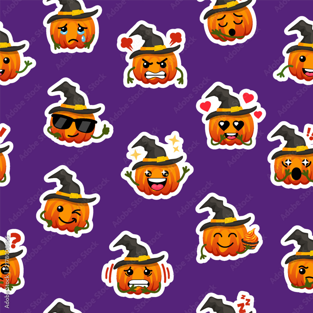 Obraz premium Cute Halloween Pumpkin Gnome Seamless Pattern on Purple Background