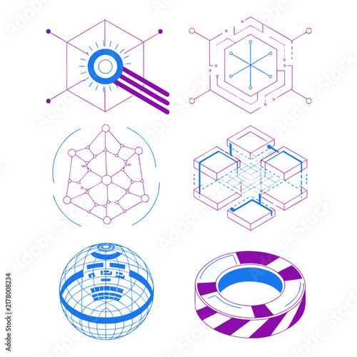 Futuristic Tech Artifact Icons Holographic Quantum Core Vector Set