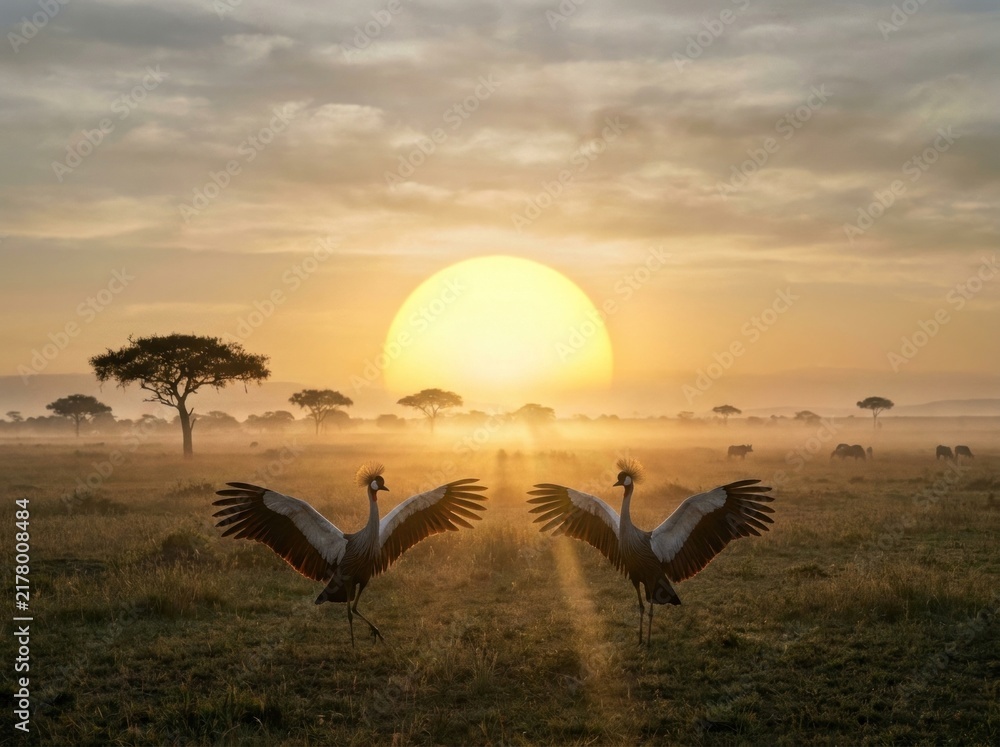 Fototapeta premium Pair of crowned cranes displaying feathers on savannah plain under golden rising sun