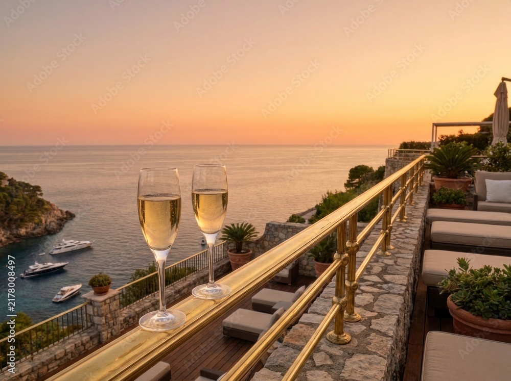 Obraz premium Two crystal champagne flutes on luxury balcony terrace overlooking coastal sunset