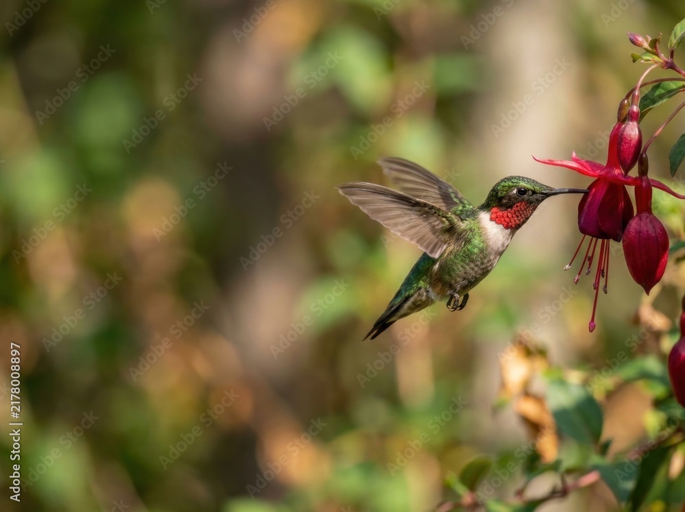 Obraz premium Ruby-throated hummingbird hovering in midair drinking nectar from pink fuchsia flower