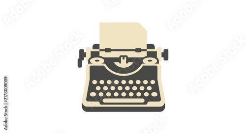Stylized flat design illustration of a vintage manual typewriter with a blank paper sheet.