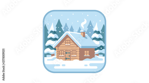 Cozy wooden cabin nestled in a snowy winter forest with pine trees and smoke rising from the chimney, depicted in a charming flat illustration style.