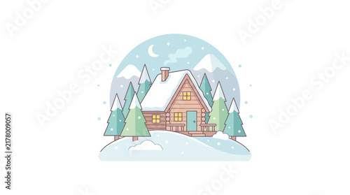 A charming illustration of a cozy wooden cabin covered in snow, surrounded by pine trees and mountains under a winter sky with a crescent moon.