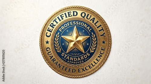 llic golden emblem badge with professional certified quality seal featuring a centered star and detailed laurel wreath border for luxury branding and corporate excellence standards, studio shot