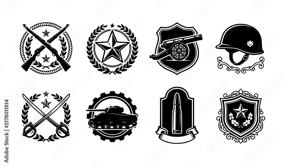 Naklejka premium Vintage Military War Weapon Emblems Black and White Vector Set